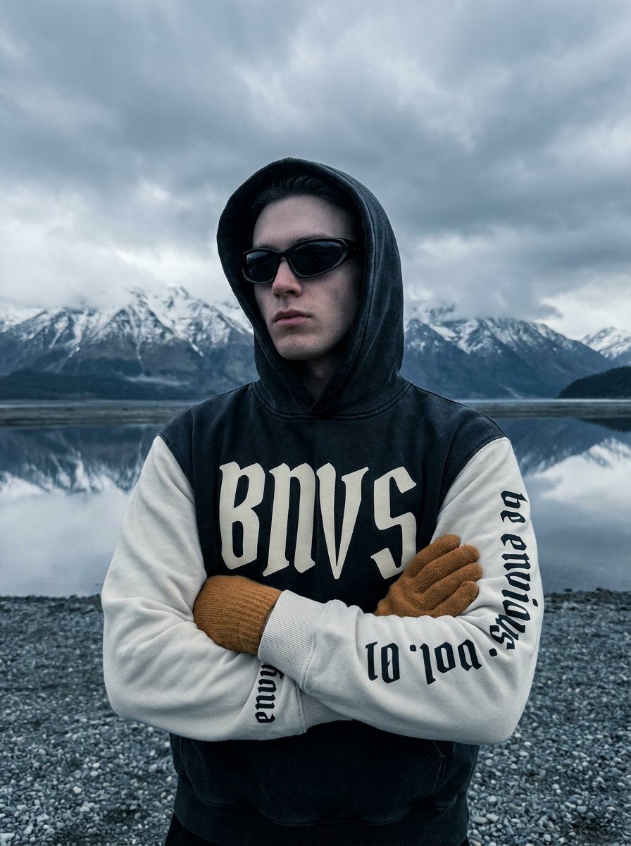 BNVS Benign Envy hoodie worn — Black n Bone colorway, campaign portrait