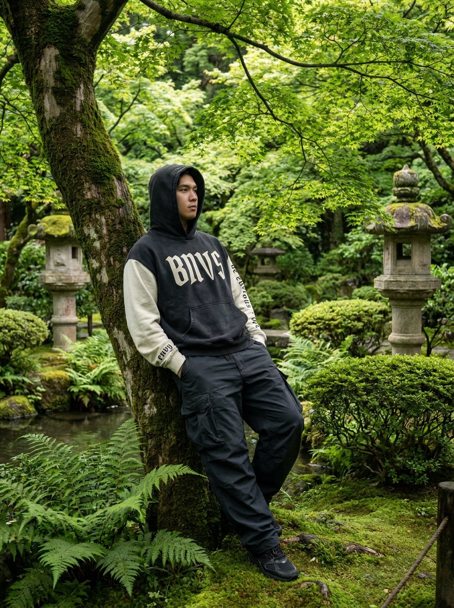 BNVS hoodie, Black n Bone colorway, worn on location