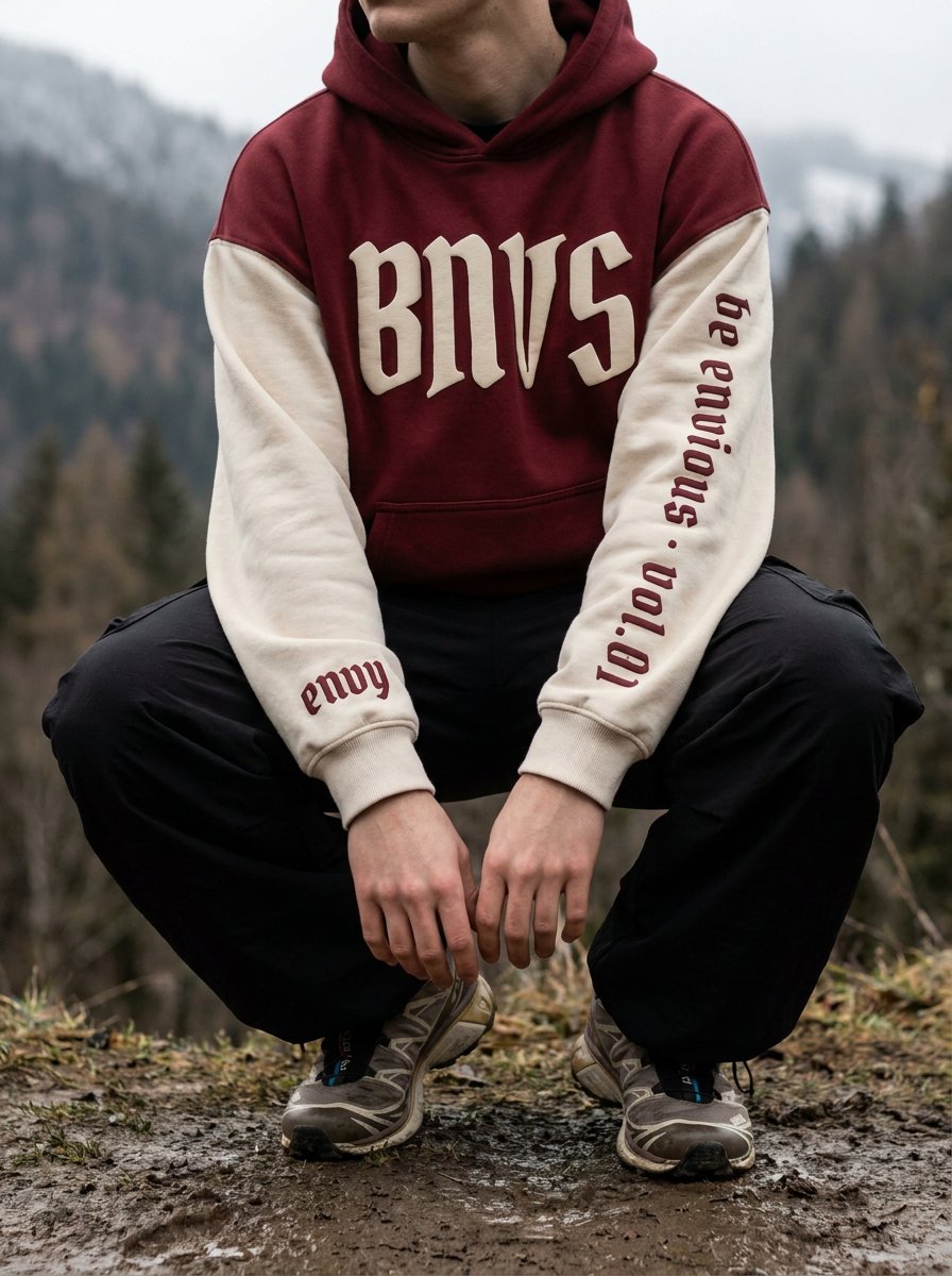 BNVS hoodie, Candy Cane colorway, worn on location