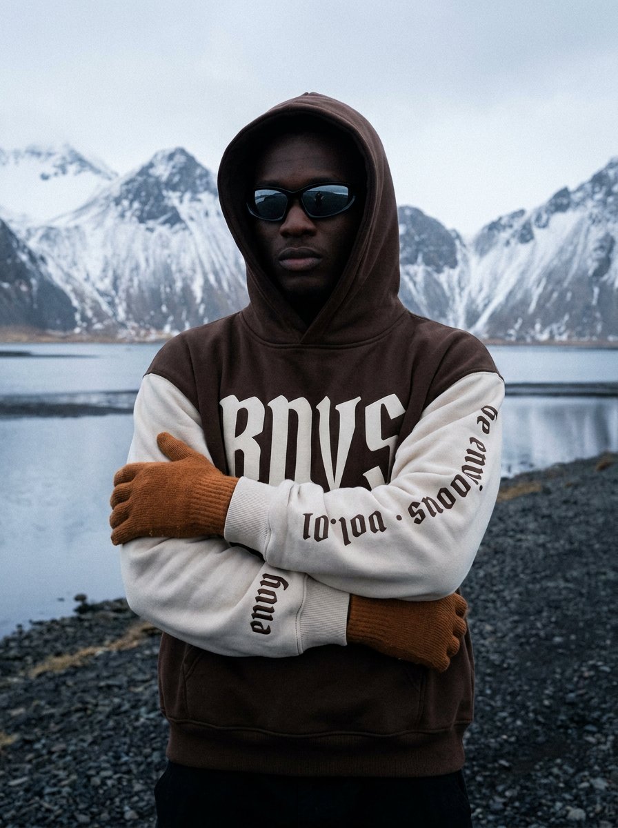 BNVS hoodie, Tiramisu colorway, worn on location